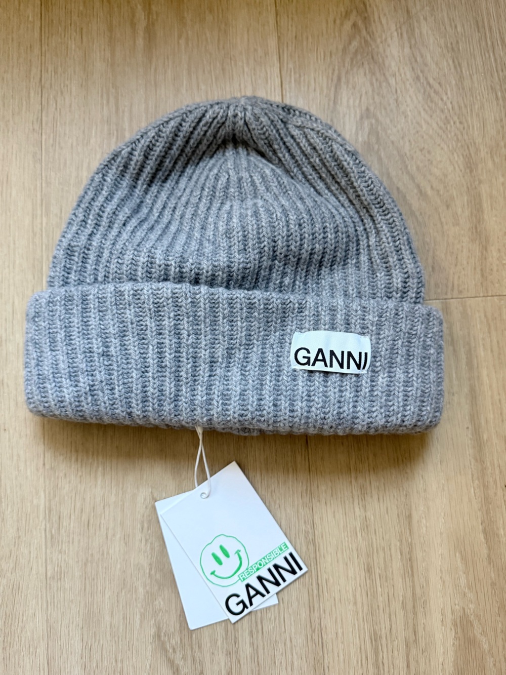 GANNI Gray Ribbed Knit Beanie